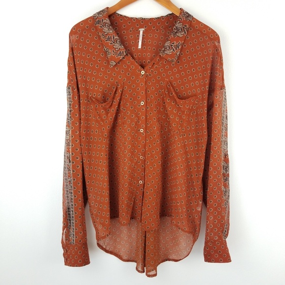 Free People Burnt Orange Paisley Button Down M - Picture 2 of 8